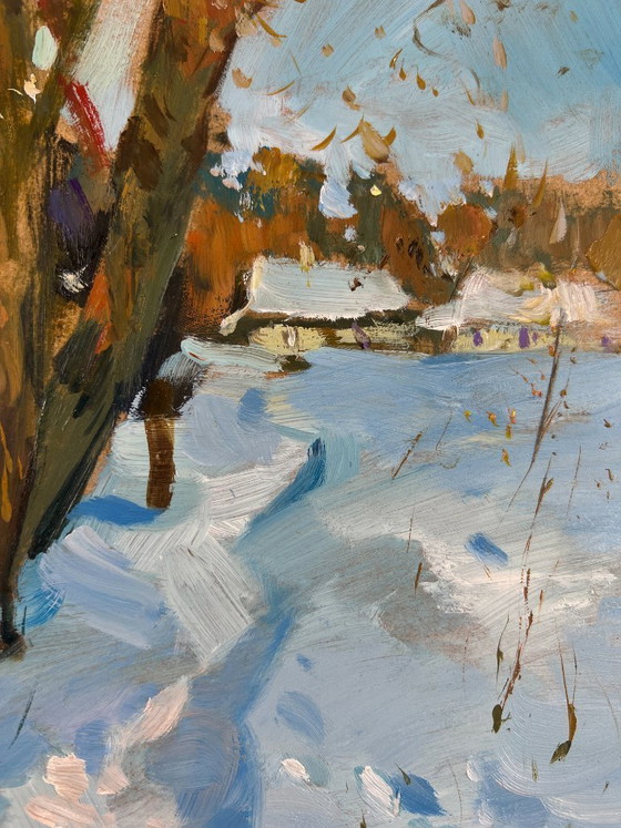 Image 1 of Original Oil Painting Winter Village Landscape Winter path to the village