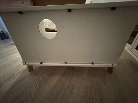 Image 1 of Scandinavian-style white and wood corner TV unit with drawers