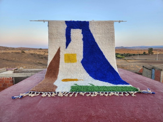 Tapis Beni Ouarain 300x200 cm – Laine épaisse, design artistique bleu Klein – Coton, Modern (photo 16 of 16)