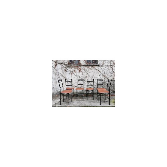 Image 1 of Set of 6 vintage aluminum and brown leather dining chairs by Ycami, 1980