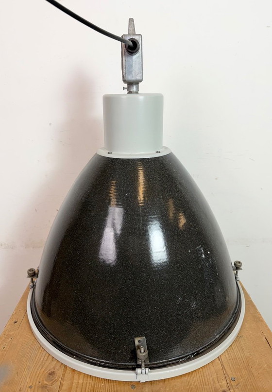 Image 1 of Large Industrial Black Enamel Factory Lamp with Glass Cover, 1960s