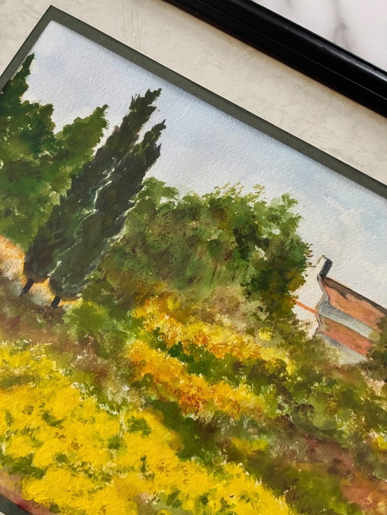 Image 1 of Dipinto ad acquerello d'epoca di campi di colza nella regione della Drôme Provenzale