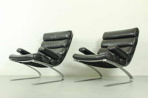 Satz von 2 Sinus-Lounge-Sesseln aus schwarzem Leder, COR Deutschland, 1970er Jahre