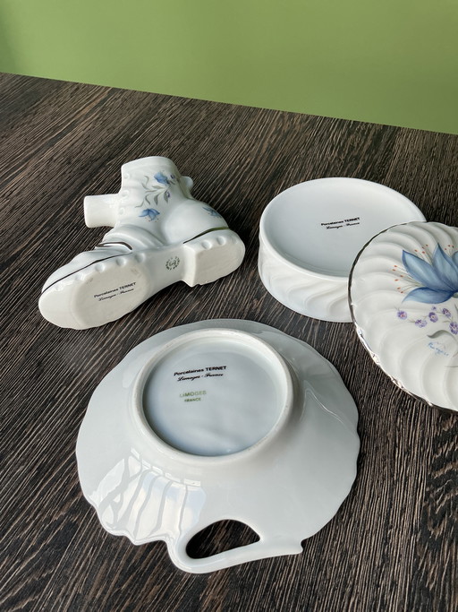 Porcelain trinket box, boot, and small dish
