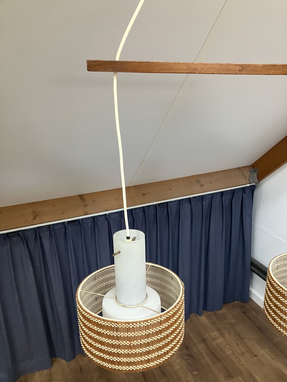 Image 1 of Vintage Scandinavische hanglamp met teak hout en houten kap