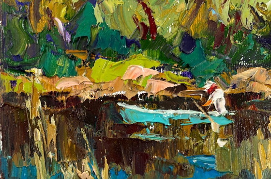 Image 1 of Original Oil Painting Coastal Forest Landscape Summer day by the river