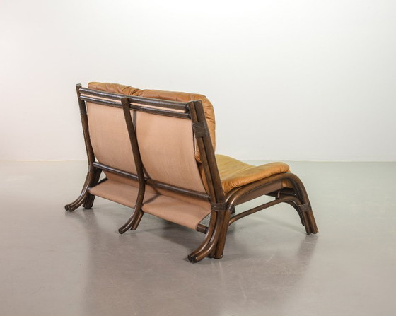 Image 1 of Brutalist Bentwood Love Seat Bamboo Sofa with Caramel Leather Upholstery, 1960s. 