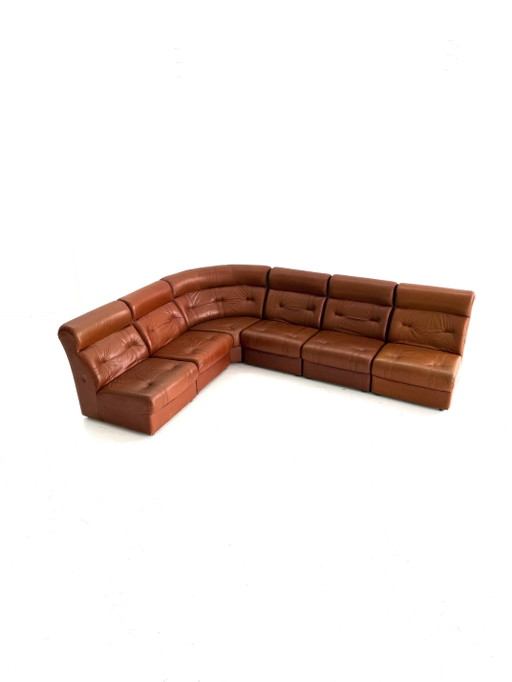 Vintage 6-Delige Modulaire Leren Bank, Jaren ‘80 – modulaire banken, Wood, Leather