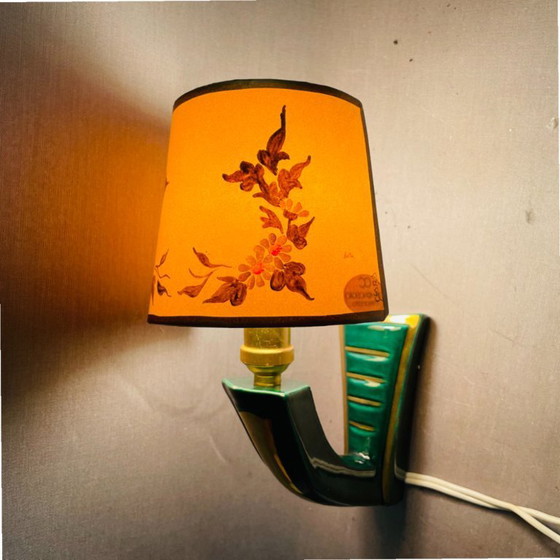 Image 1 of PAIR French Art Deco green ceramic wall sconces with hand-painted half shades, 1940s,