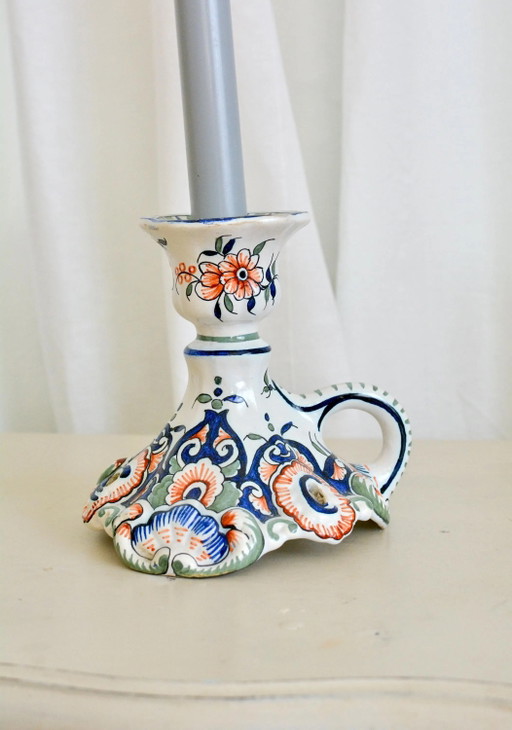 Vintage Rouen Faience Candle Holder, Hand-Painted French Floral Chamberstick