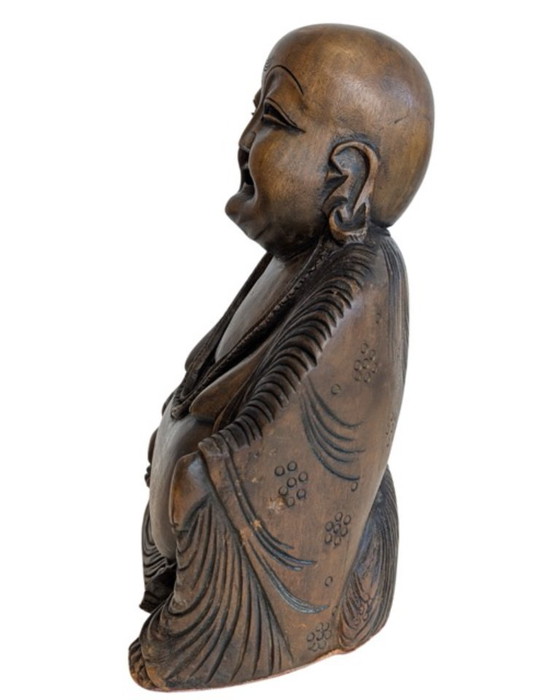 Oude, handgesneden houten lachende Boeddha (Budai) – Beeldhouwkunst, Wood (photo 7 of 8)