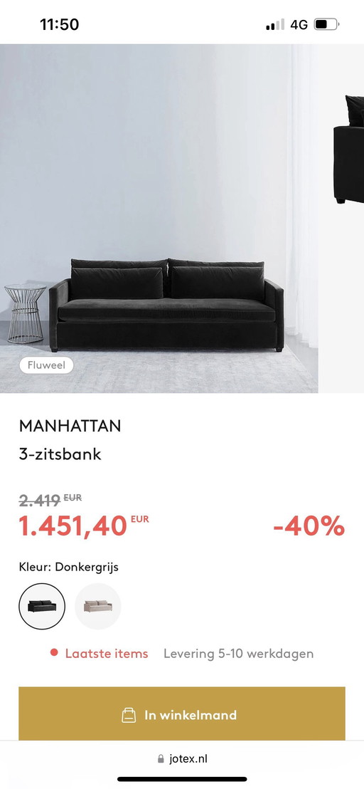 Jotex 3-zitsbank donkergrijs fluweel (Scandinavië)