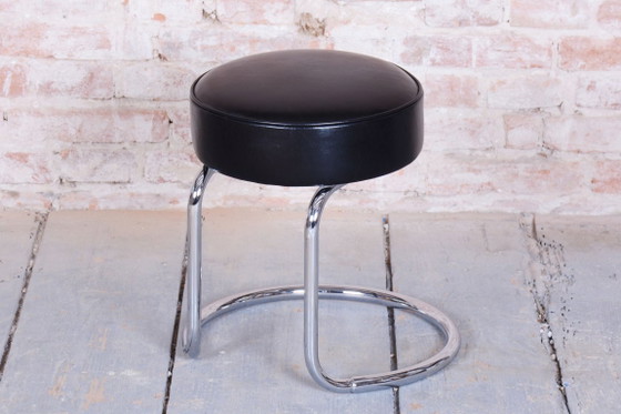 Sgabello Bauhaus restaurato, acciaio cromato, pelle, ceco, anni '50 – Sgabelli, Leather, Metal (photo 5 of 9)