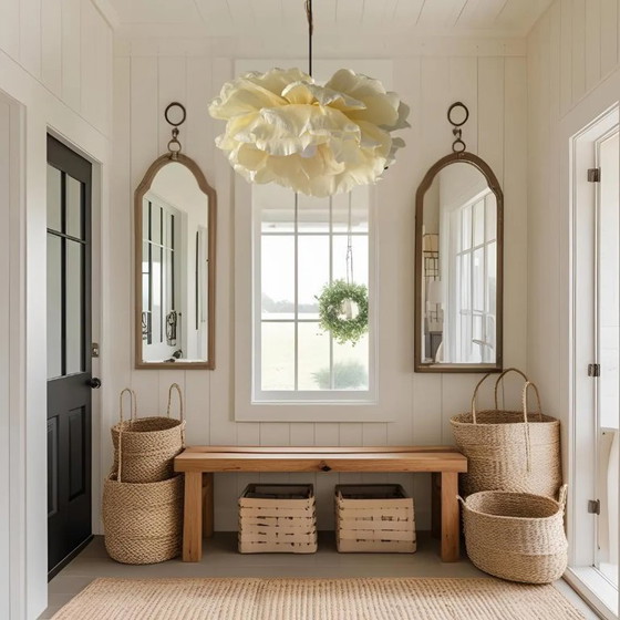 Image 1 of Rustic Cream Flower Chandelier – Handmade Crepe Paper Light Fixture