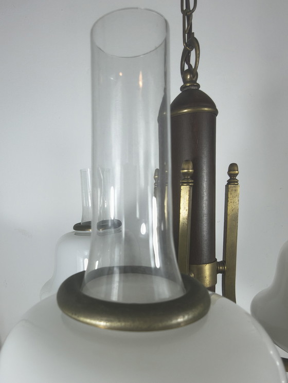 Image 1 of Vintage 3-lichts hanglamp met wit opaalglazen kappen