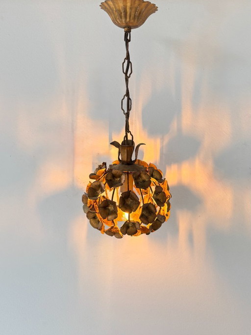 Vintage floral motif pendant light, gilt metal, France, 1970