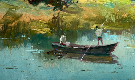 Image 1 of Original Oil Painting Summer Coastal Landscape Two people are sailing on a boat