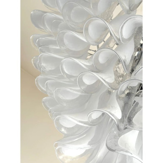 Image 1 of Witte en transparante "Selle" Murano glazen kroonluchter in Mazzega-stijl