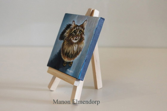 Image 1 of Unique Hand-Painted Small Cat Painting, Signed