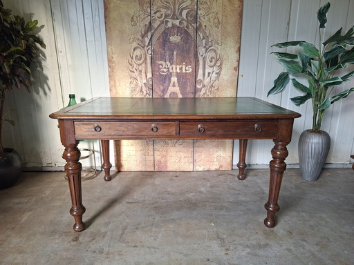 Antieke 2-zijdige schrijftafel, partners desk bureau met lederen inleg (gerestaureerd) afm.127x86cm en 76cm hoog 