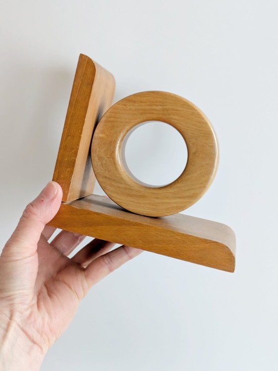 Image 1 of Midcentury Wooden Bookends Pair, Bauhaus Art Deco Style Hoop Design, Sculptural Shelf Decor