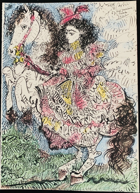Image 1 of Litografia originale a colori di Pablo Picasso, Jacqueline a cavallo. Firmata e datata sulla lastra.