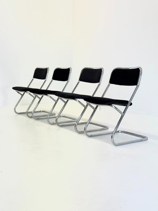 Set of 4 vintage tubular frame dining chairs in black velvet