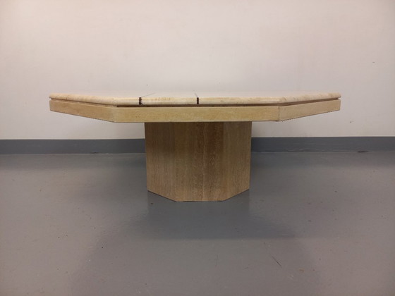 Image 1 of Vintage octagonal travertine coffee table with geometric pattern from the 70s and 80s