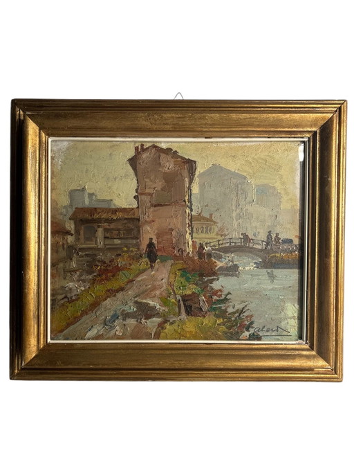 Óleo sobre tabla de un paisaje con figuras de Achille Cavalieri, años 20