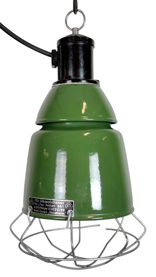 Industrial Green Enamel Cage Pendant Lamp from Philips, 1960s