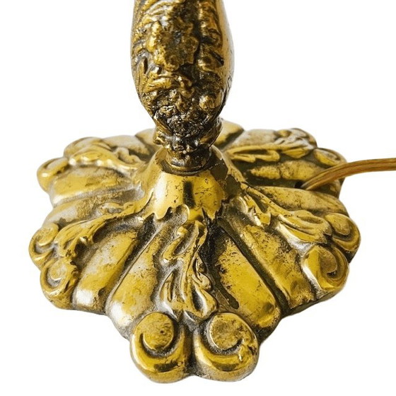 Image 1 of Antique Art Nouveau table lamp with brass, gold-gray lampshade, 1910s