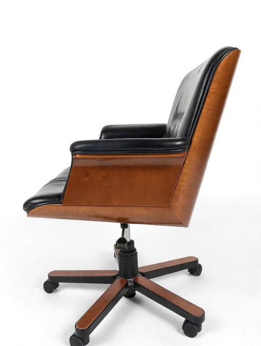 Vintage Design Bureaustoel - Zwart Leder + Houten Kuip - SPD Arredi - Draaibaar