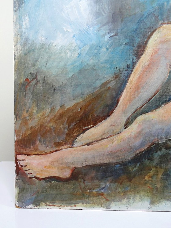 Image 1 of Large painting of a reclining nude woman, modern oil on panel, vintage style
