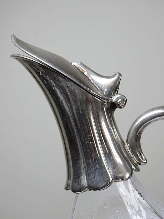 Image 1 of Vintage glass and silver-plated metal ewer, modernist pitcher/carafe 1950-1970