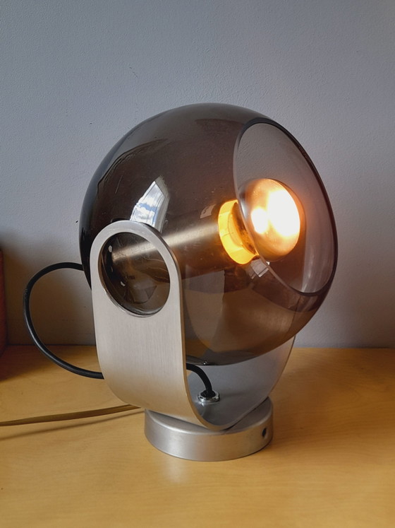 Image 1 of Ruimtevaartlamp in verchroomd metaal en rookglas, 1970