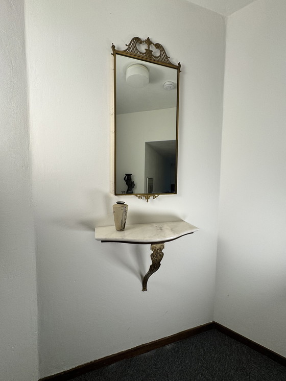 Image 1 of Chic Wall Console With Mirror - Marble & Brass Ornaments