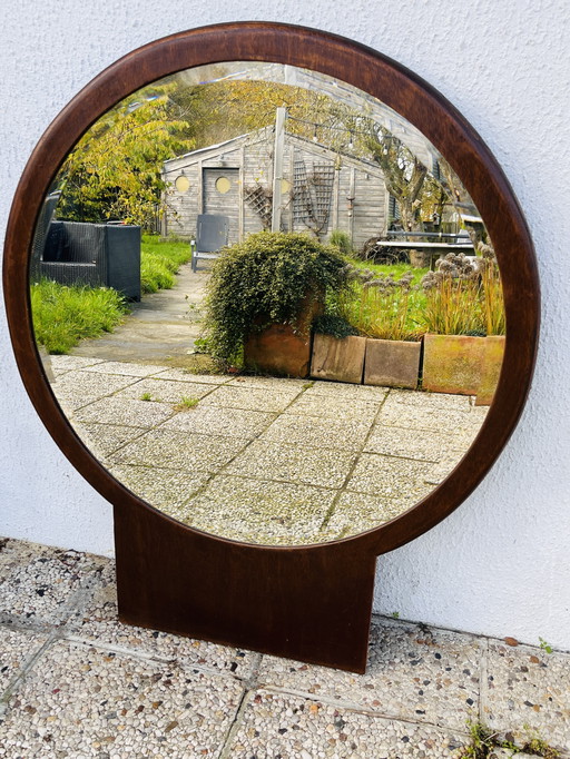 Round beveled wooden mirror