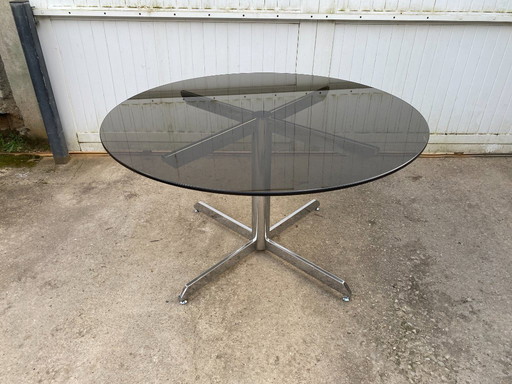 Round smoked glass and chrome table by Florence Knoll and Roche Bobois, 1970s