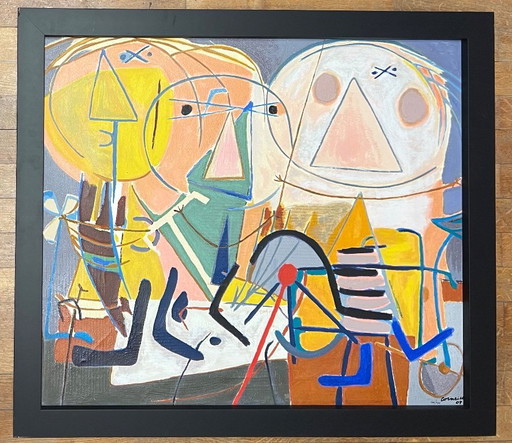 Gesigneerd; Guillaume Corneille Terragrafie op doek L'orchestre de Jazz Cobra