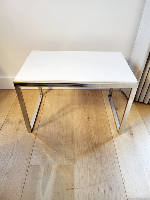 Vintage Side Table Or Plant Table With Chrome Base And White Wooden Top