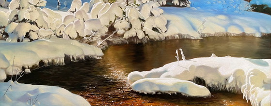 Original Oil Painting Stream Nature Landscape Snow Winter Forest – Paintings & Drawings, Canvas (photo 7 of 7)
