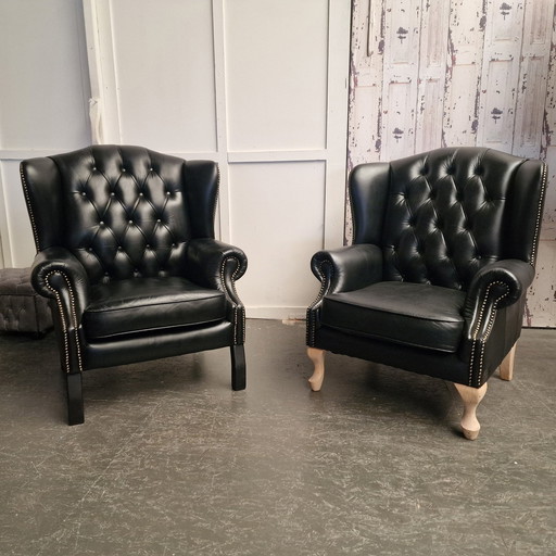 Originele Chesterfield Fauteuil Set – Zwart | 100% Leder | Nieuw