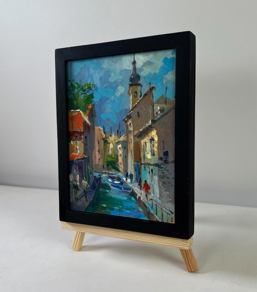 Original Oil Painting Coastal Houses Landscape History of the city street