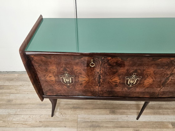 Image 1 of Mid-Century Mahogany Sideboard with Teal Glass and Compartments with Drawers, 1950