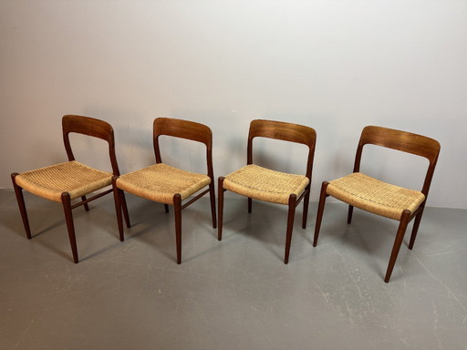 Set of 4 Niels Otto Moller High Quality Dining Chairs with Papercord Upholstery, Model 75. Denmark, 1960s.