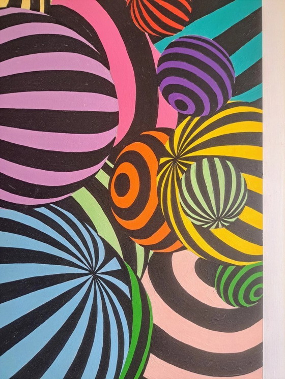Image 1 of Cuadro Op-Art 'Boules' de Franklin van Dam - Obra de arte moderna y colorida - Acrílico sobre MDF - 95 x 95 cm