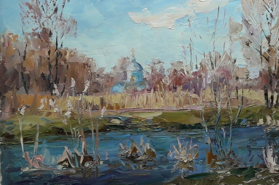 Peinture à l'Huile Originale Église de Campagne Rivière Yezuch – Peintures et dessins, Canvas (photo 8 of 8)