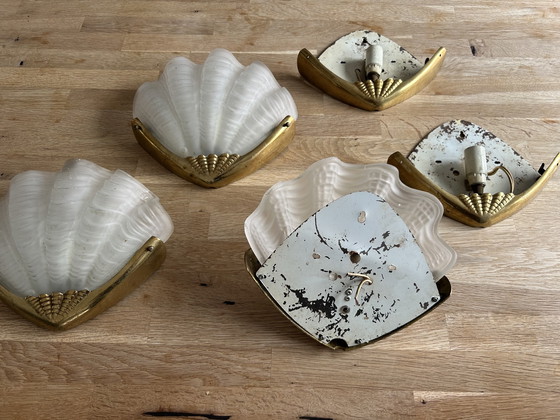 Image 1 of 3x Wandleuchte Schalen - Art Deco - Glas und Messing