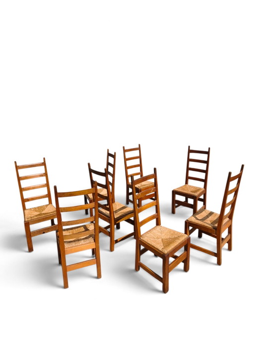 Ensemble de 8 chaises de salle à manger en chêne et jonc – eetkamerstoelen, Rattan, Wood
