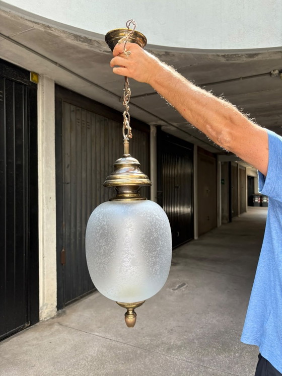 Vintage Italian Brass Pendant Lamp with Frosted Glass – 1960s/1970s (photo 5 of 10)